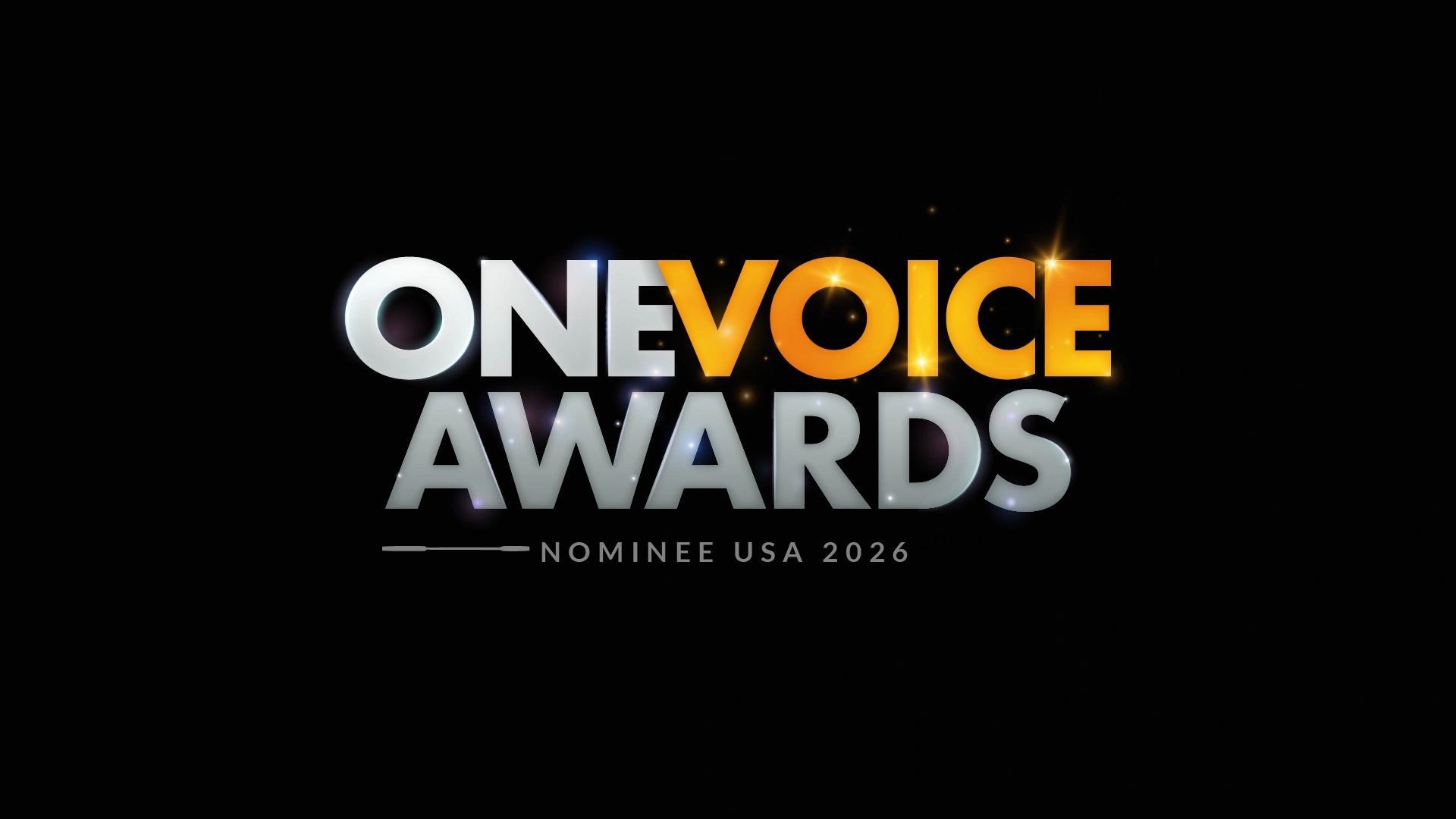 Logo for One Voice Awards Nominee USA 2026 with glowing text.