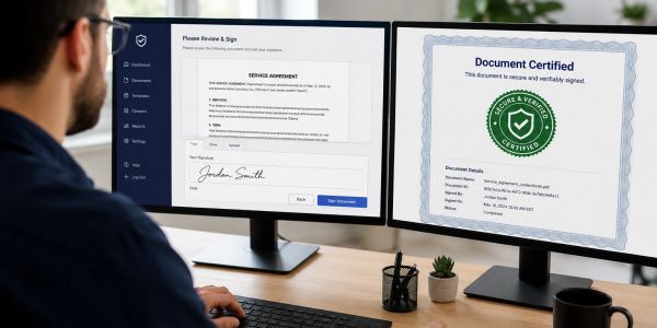 Man digitally signing a service agreement on dual monitors.