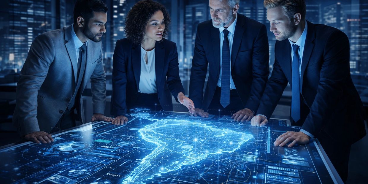 Business team analyzing a futuristic digital map of South America in a modern office.