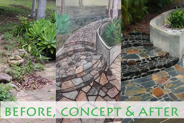 Before and after images of garden showing slate crazy paving with basalt stairs