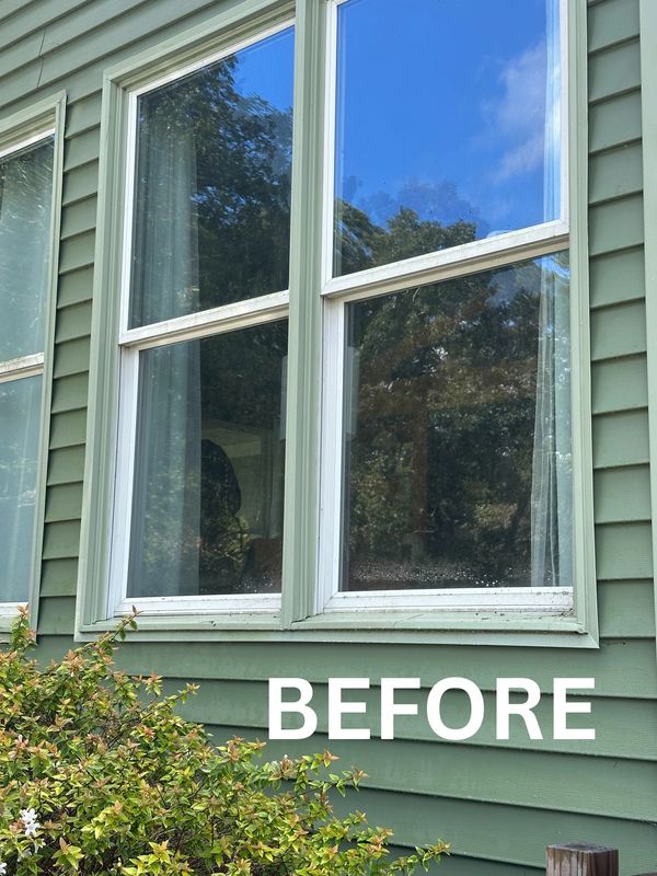 Green house window with visible dirt and grime labeled 'BEFORE'.