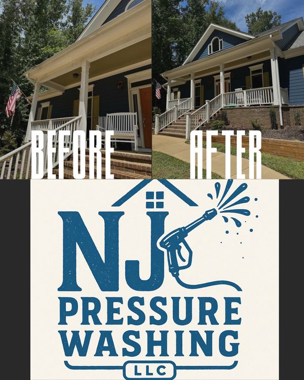 Before and after pressure washing on a house porch by NJ Pressure Washing LLC.