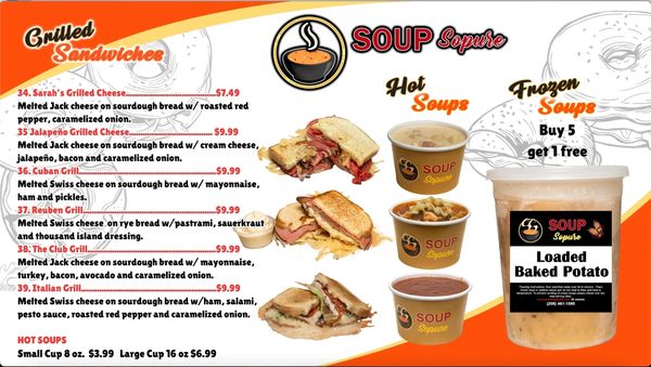 Menu featuring grilled sandwiches and hot or frozen soups with various offerings.