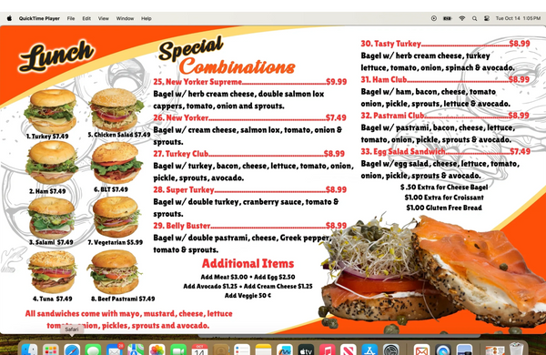 Lunch menu with sandwiches and special bagel combinations.