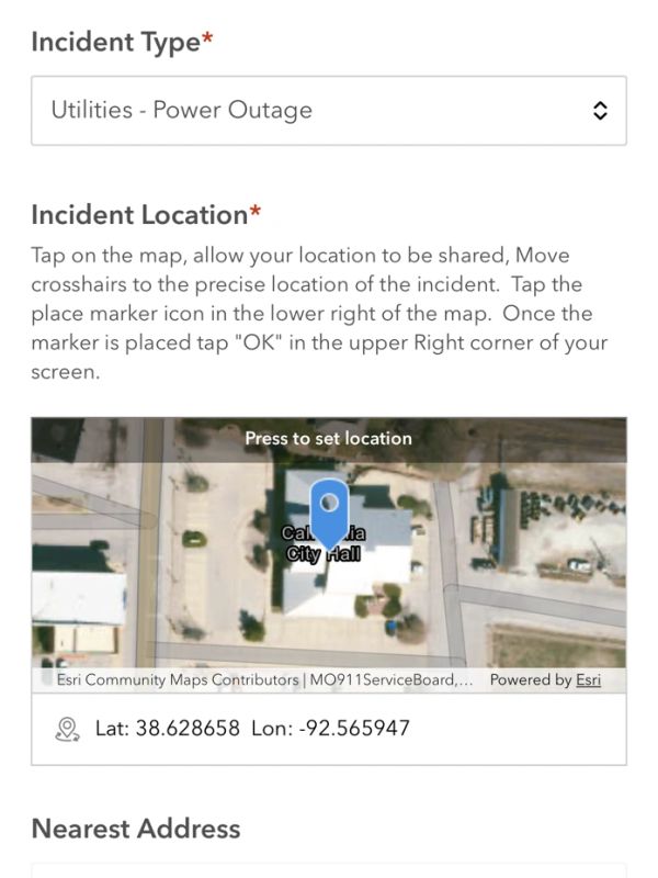 Screenshot of incident reporting form with map location.