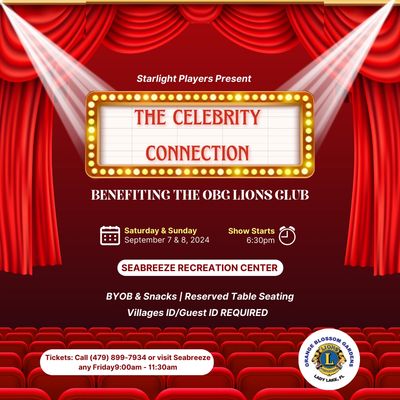 Poster for The Celebrity Connection event benefiting OBG Lions Club at Seabreeze Recreation Center.