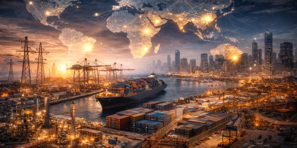 A bustling port at sunset with a global network overlay.