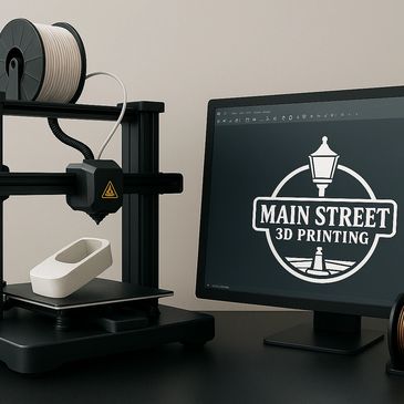 Desktop 3D printer printing a white object with a monitor displaying Main Street 3D Printing logo.