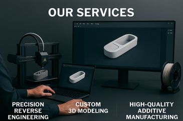 3D printing services featuring reverse engineering, custom modeling, and additive manufacturing.
