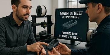 Two men discussing a 3D printed protective remote sleeve in an office.
