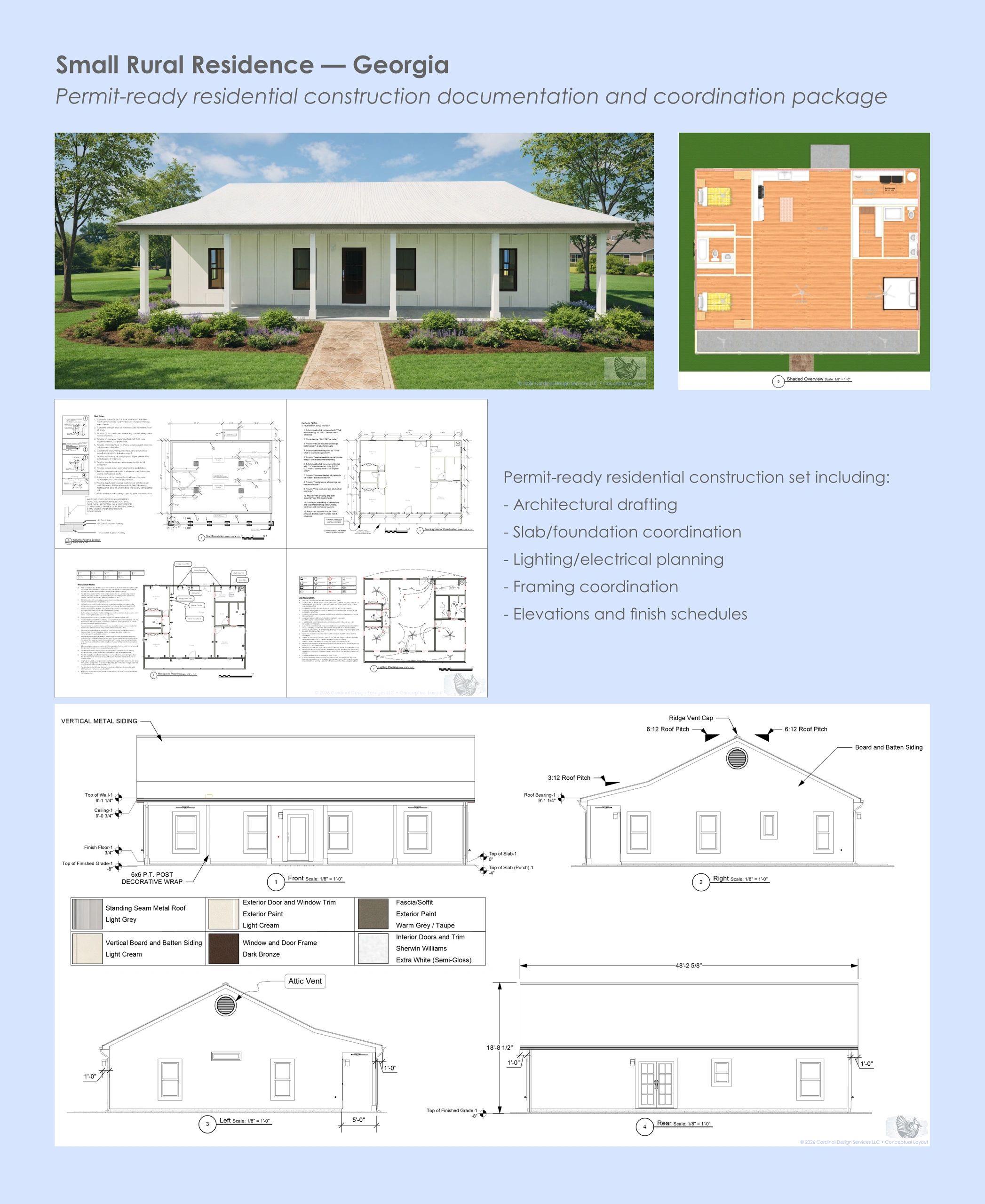 Architectural plans and elevation drawings for a small rural residence in Georgia