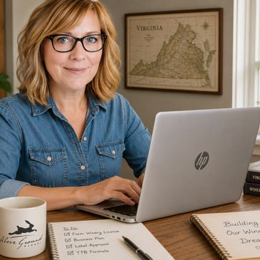 Woman working on a laptop with notes and coffee on the desk.