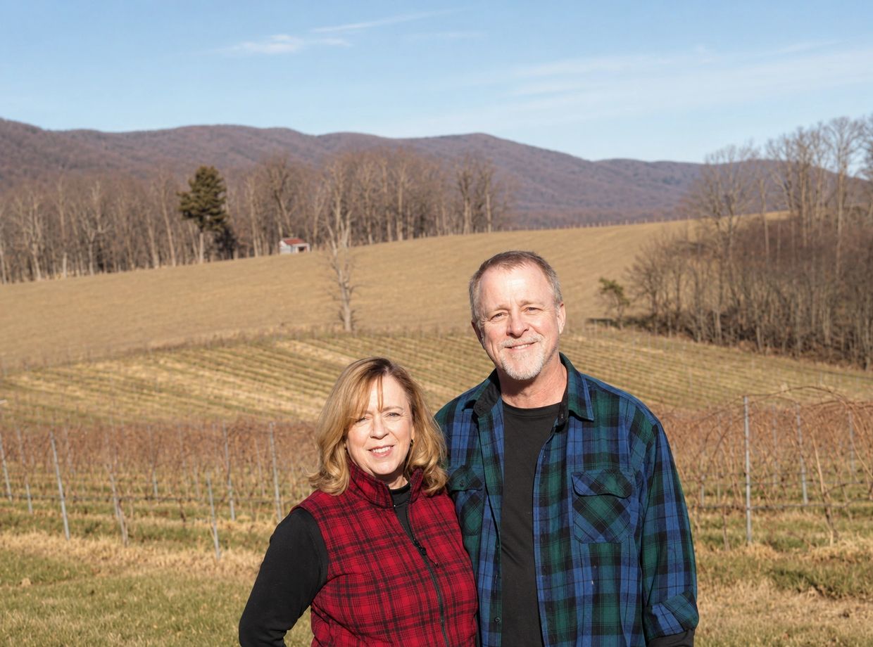 A smiling couple in plaid shirts standing in a vineyard with mountains in the background.