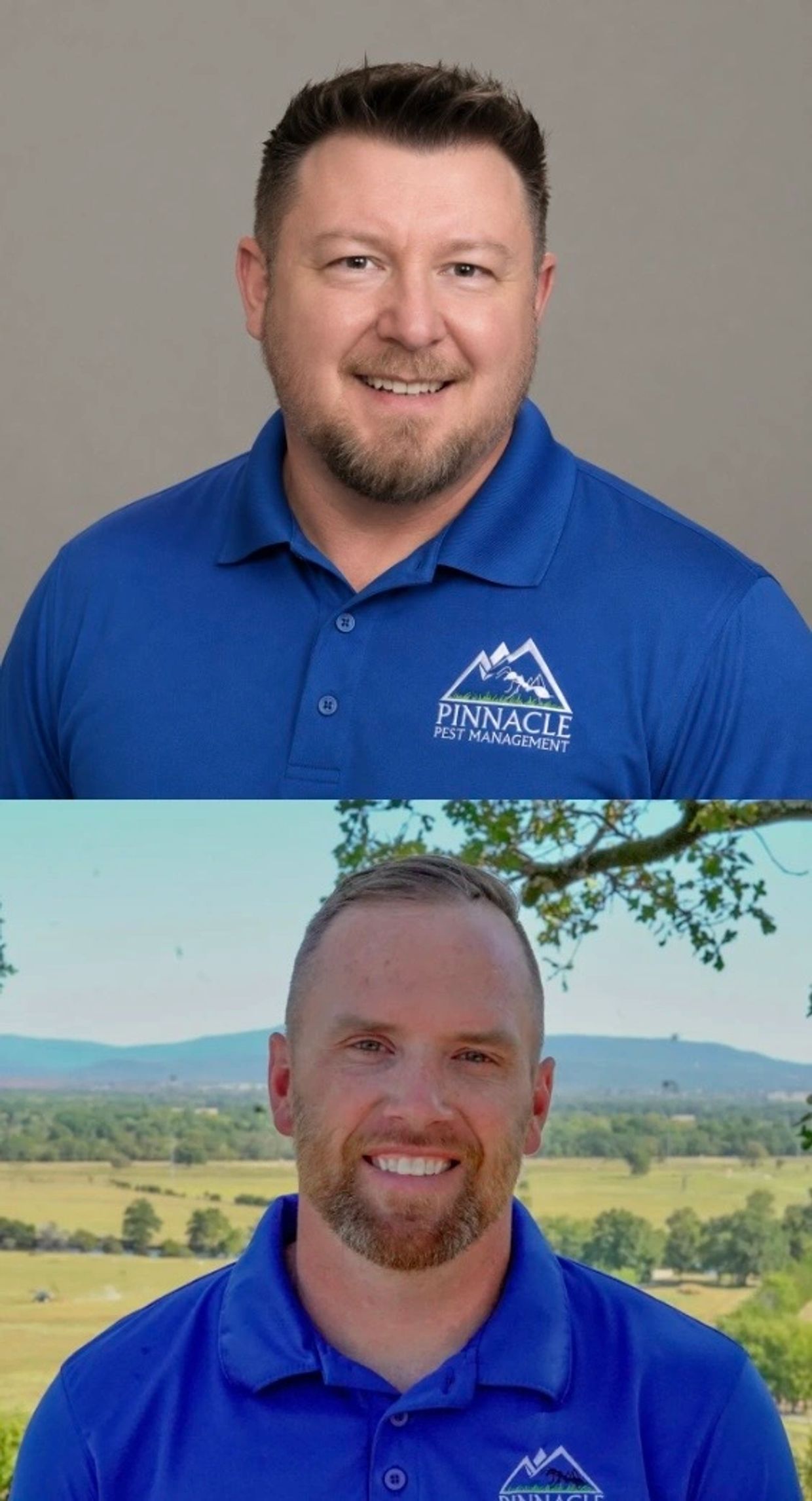 Two men wearing blue Pinnacle Pest Management shirts, one indoors and one outdoors.