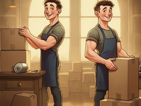 Two smiling young men packing boxes in a warmly lit room.