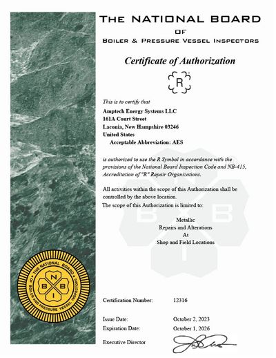 Certificate of Authorization from The National Board for Amptech Energy Systems LLC.
