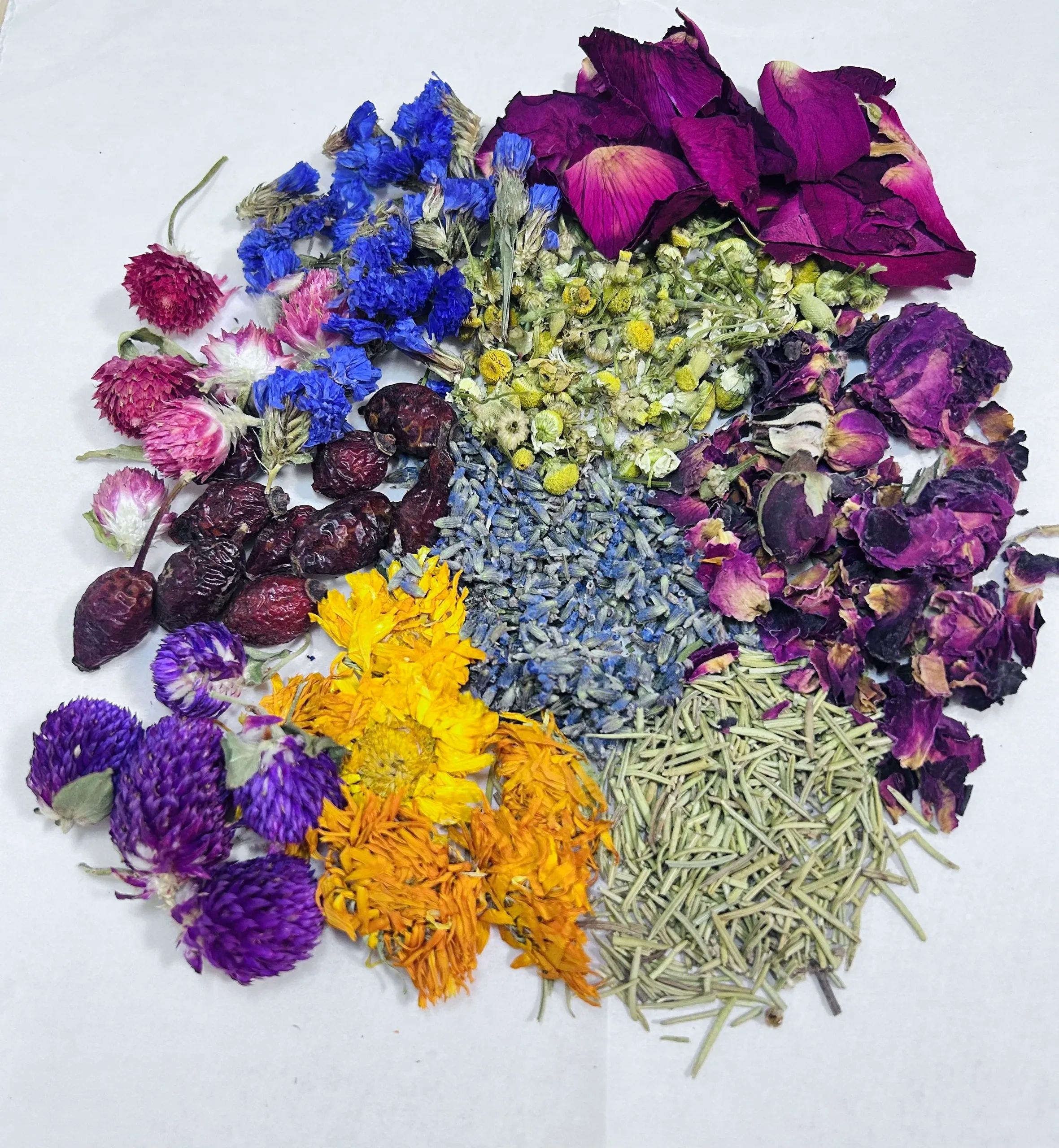 A colorful assortment of dried flowers arranged on a white surface.