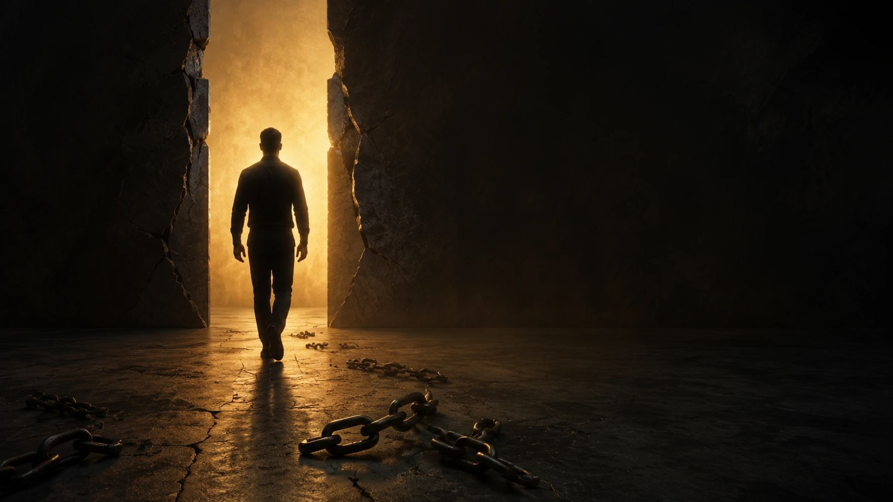 a man breaking free from chains and walking through a doorway into golden light.