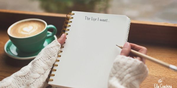 Women with notebook that says The Life I want and poised with pencil to write. Coffee in green cup
