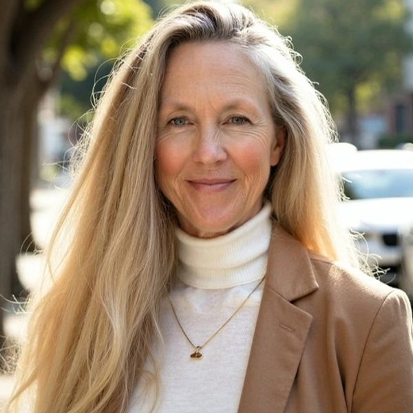Smiling middle-aged woman with long blonde hair in a beige jacket outdoors.