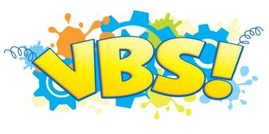 Colorful VBS! text with gears and splashes.