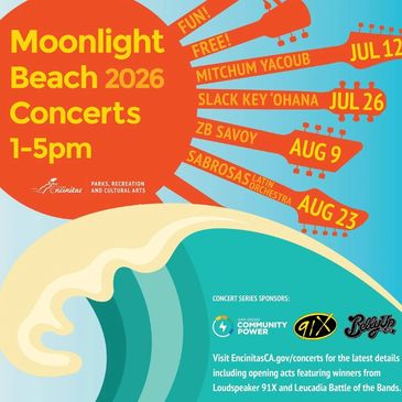 Moonlight Beach 2026 concert series poster with dates and performers.