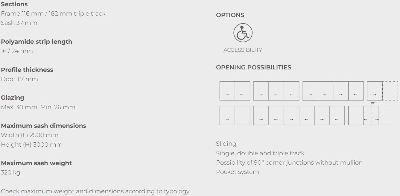 Technical specifications and options for a sliding door system with accessibility features.