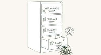 A filing cabinet with drawers labeled for memories, childhood, vacations, and trauma.