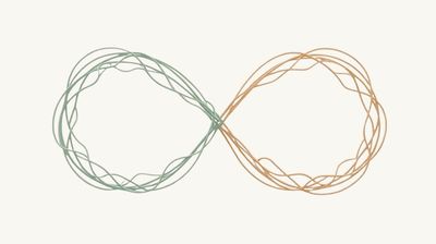 Abstract infinity symbol made of intertwined green and orange lines on a light background.