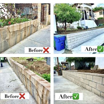 Before/ After: Front yard retaining wall installation.