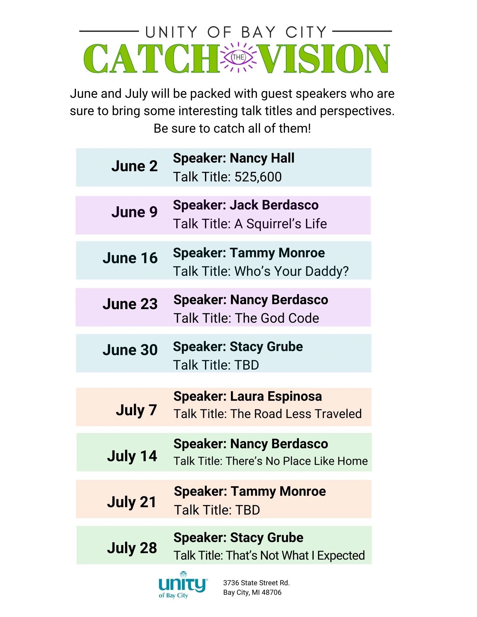 Schedule of guest speakers and talk titles for June and July at Unity of Bay City.
