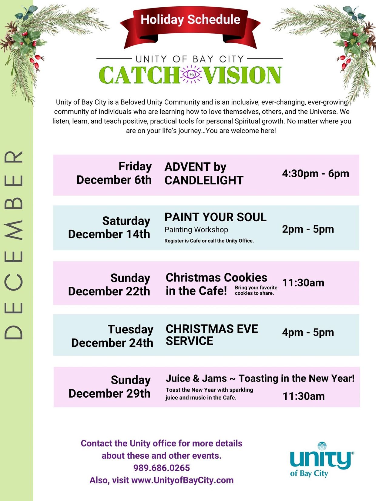 December holiday events at Unity of Bay City including Advent by Candlelight and Christmas Eve Service.