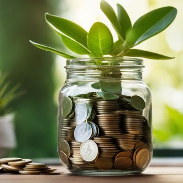 Green plant growing from jar filled with coins symbolizing financial growth.