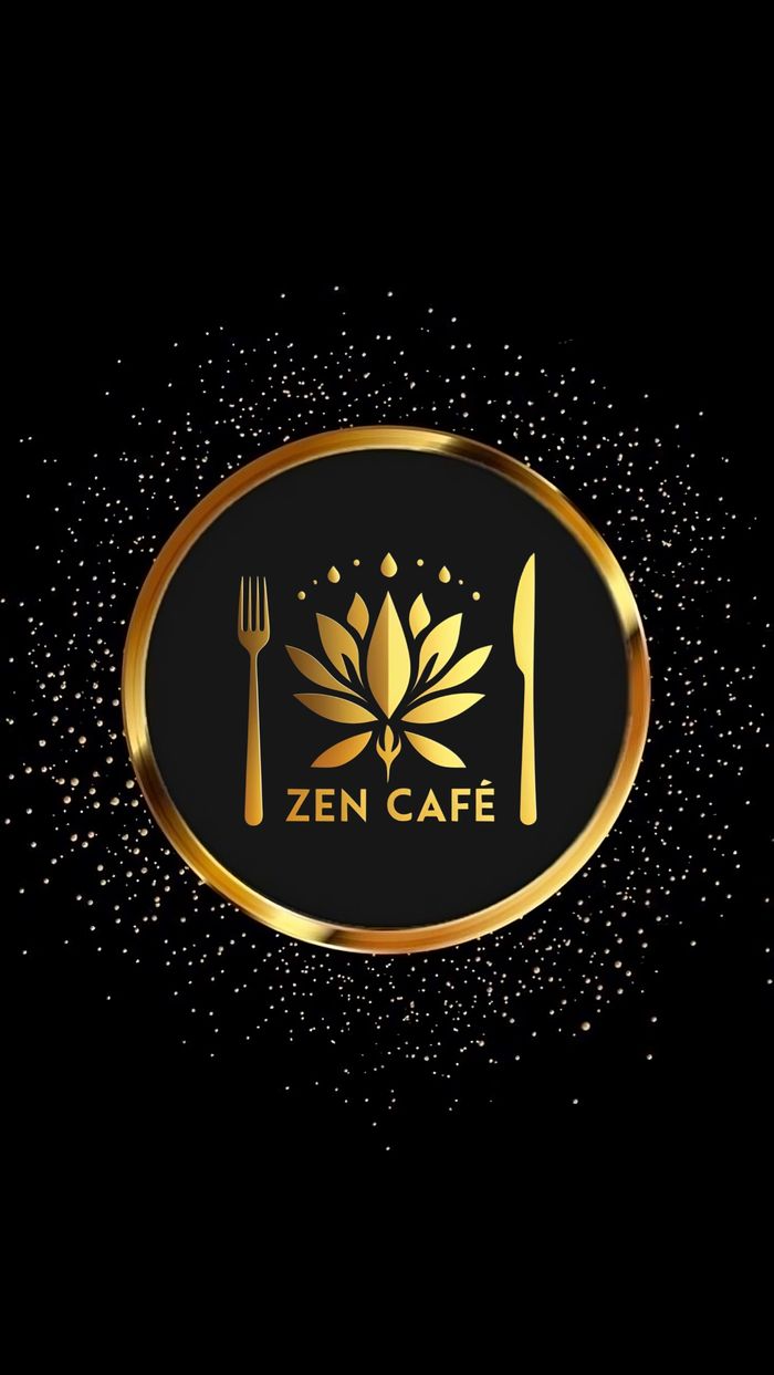 Elegant Zen Café logo with gold cutlery and lotus design on black background.