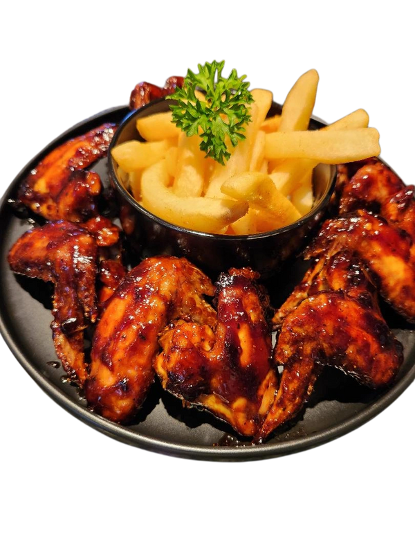 Zen Wings. 10 full sticky BBQ wings served with a side of your choice.