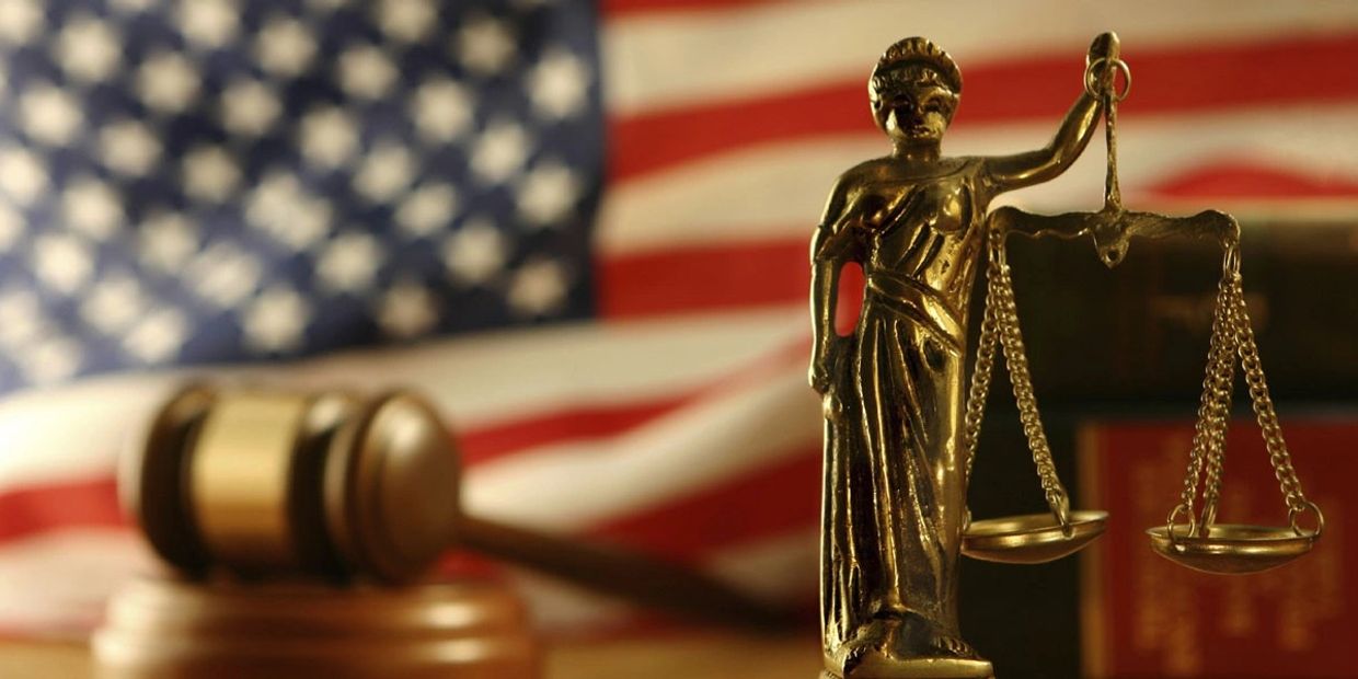 Scales of Justice, Gavel and Flag