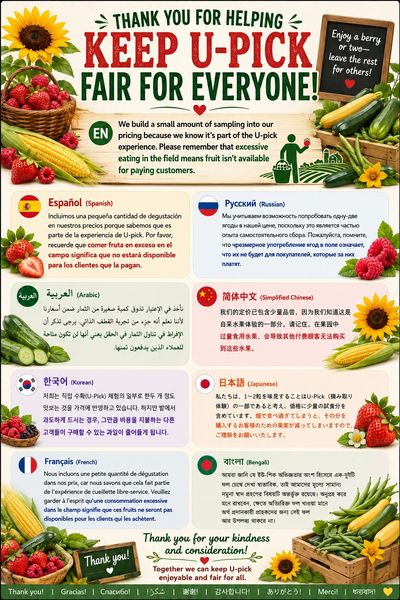 Photo with various languages asking customers to not eat while picking. 