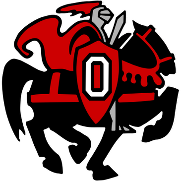 A stylized knight in red armor riding a black horse.