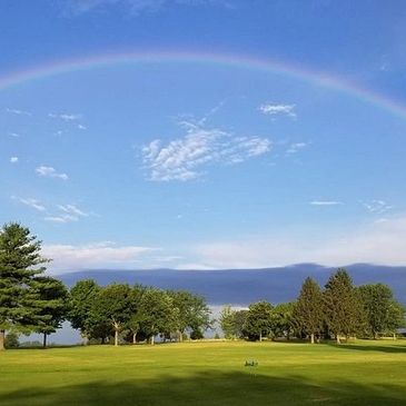 A vibrant rainbow arches over a lush green landscape with scattered trees.