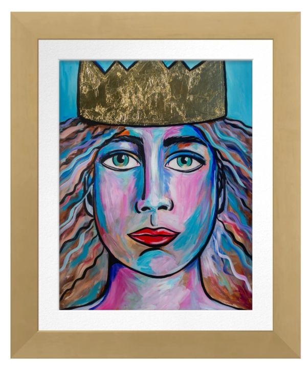Colorful portrait of a crowned person with wavy hair.