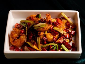 Stir-fried prawns with Sichuan peppercorns, garlic, ginger & Chinese celery