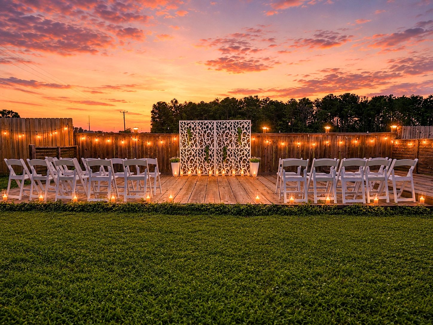 Backyard garden ceremony setup with greenery and candles