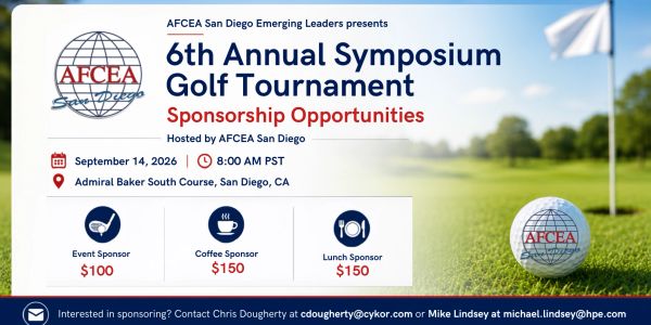 Flyer for 6th Annual AFCEA San Diego Golf Tournament with sponsorship details.