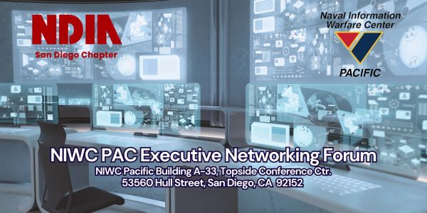 NIWC PAC Executive Networking Forum announcement with futuristic control room background.