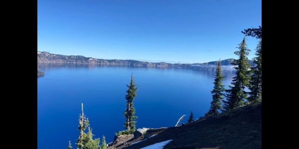 Beautiful blue lake with trees and clear sky.