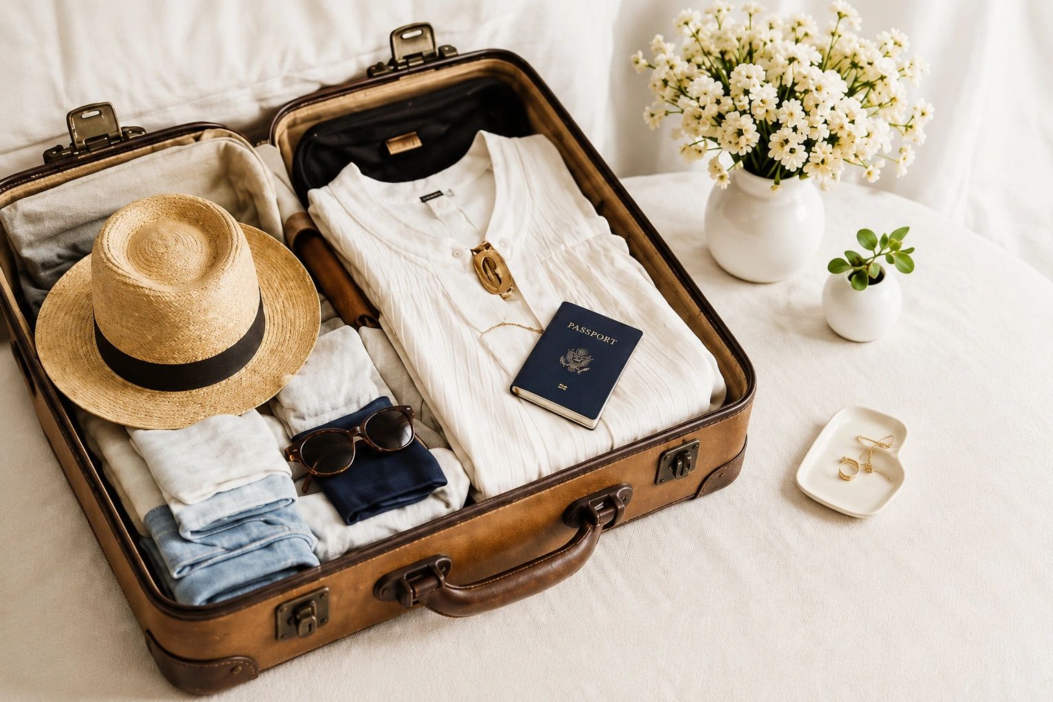 Open suitcase packed with summer clothes, hat, sunglasses, and passport on a white surface.