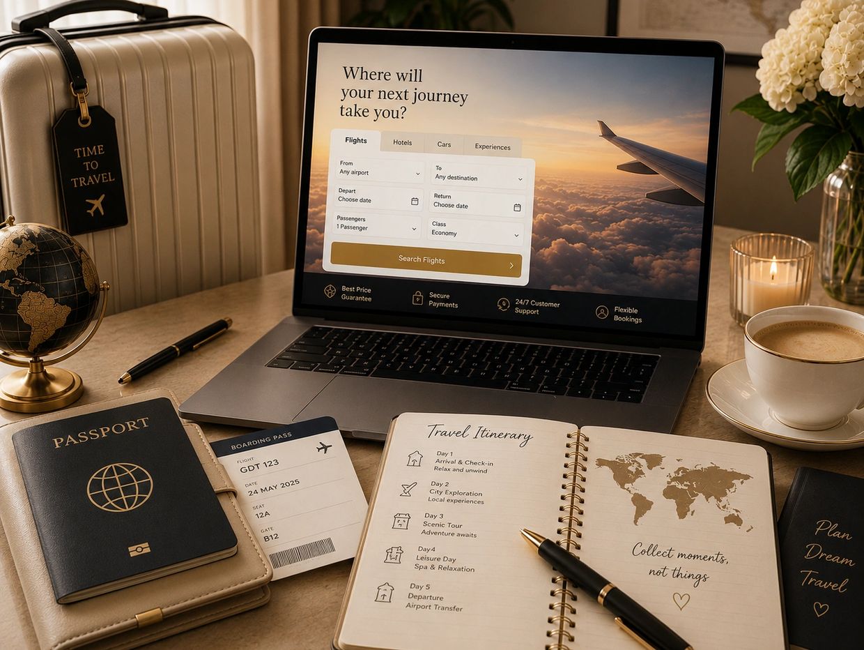 Travel planning setup with laptop, passport, itinerary, and coffee on a desk.