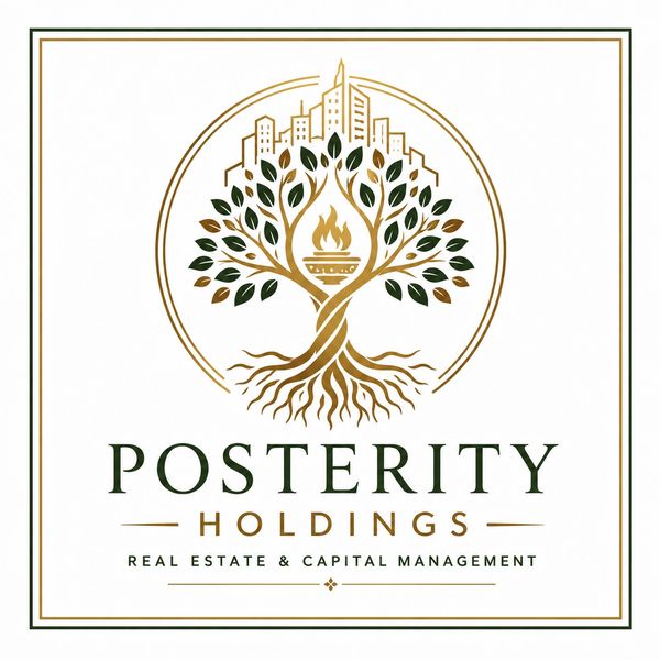 Logo for Posterity Holdings featuring a tree and cityscape.