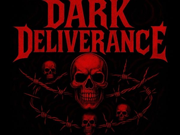 Red skulls and barbed wire under the text 'Dark Deliverance' on a black background.