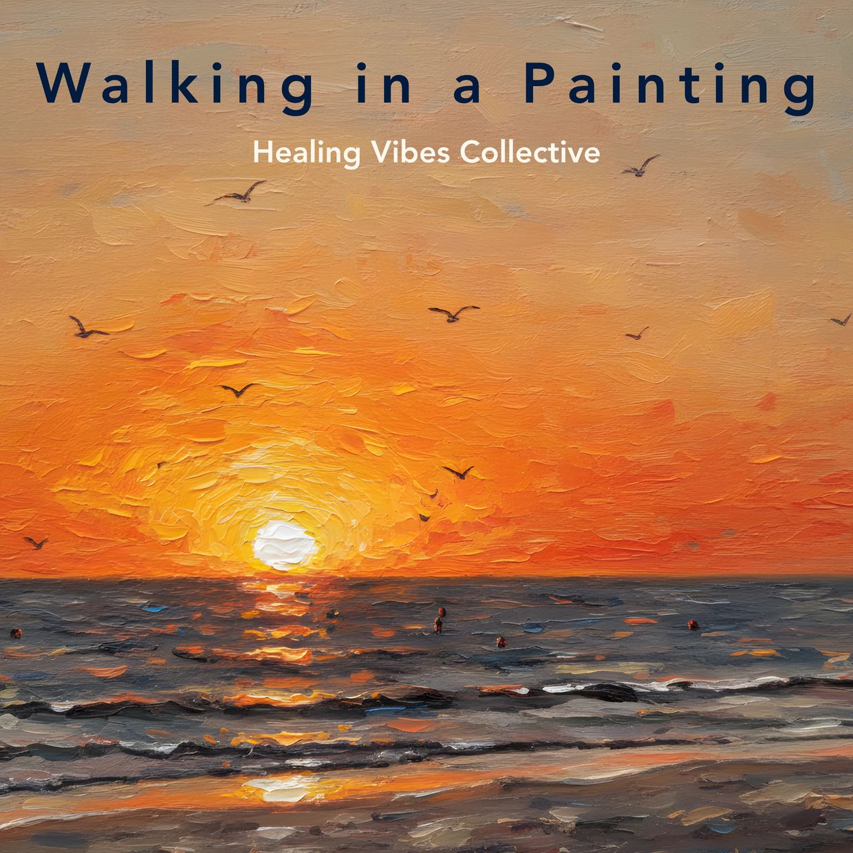 Sunset painting with birds over the ocean.